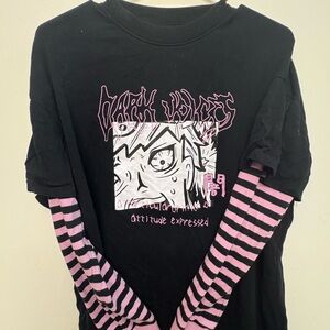 Black Graphic Tee with Pink Striped Sleeves